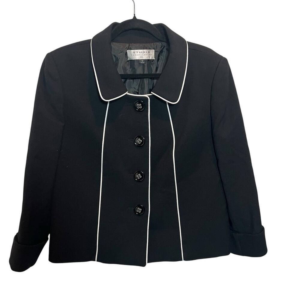 Tahari Studio 12 Blazer Jacket Office Black with White Trim